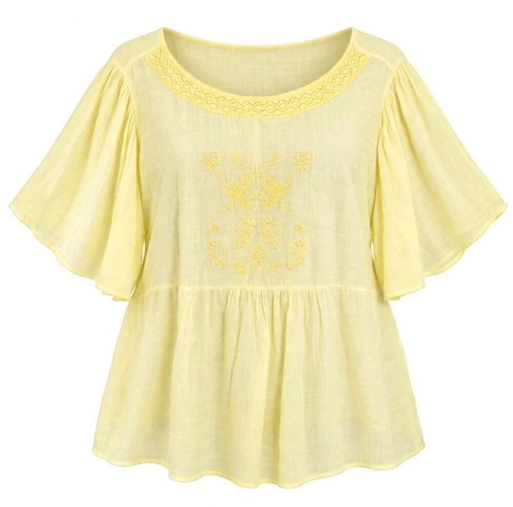 Cable & Gauge Top Yellow Embroidered Flutter Sleeve Boho Peasant Womens 3X